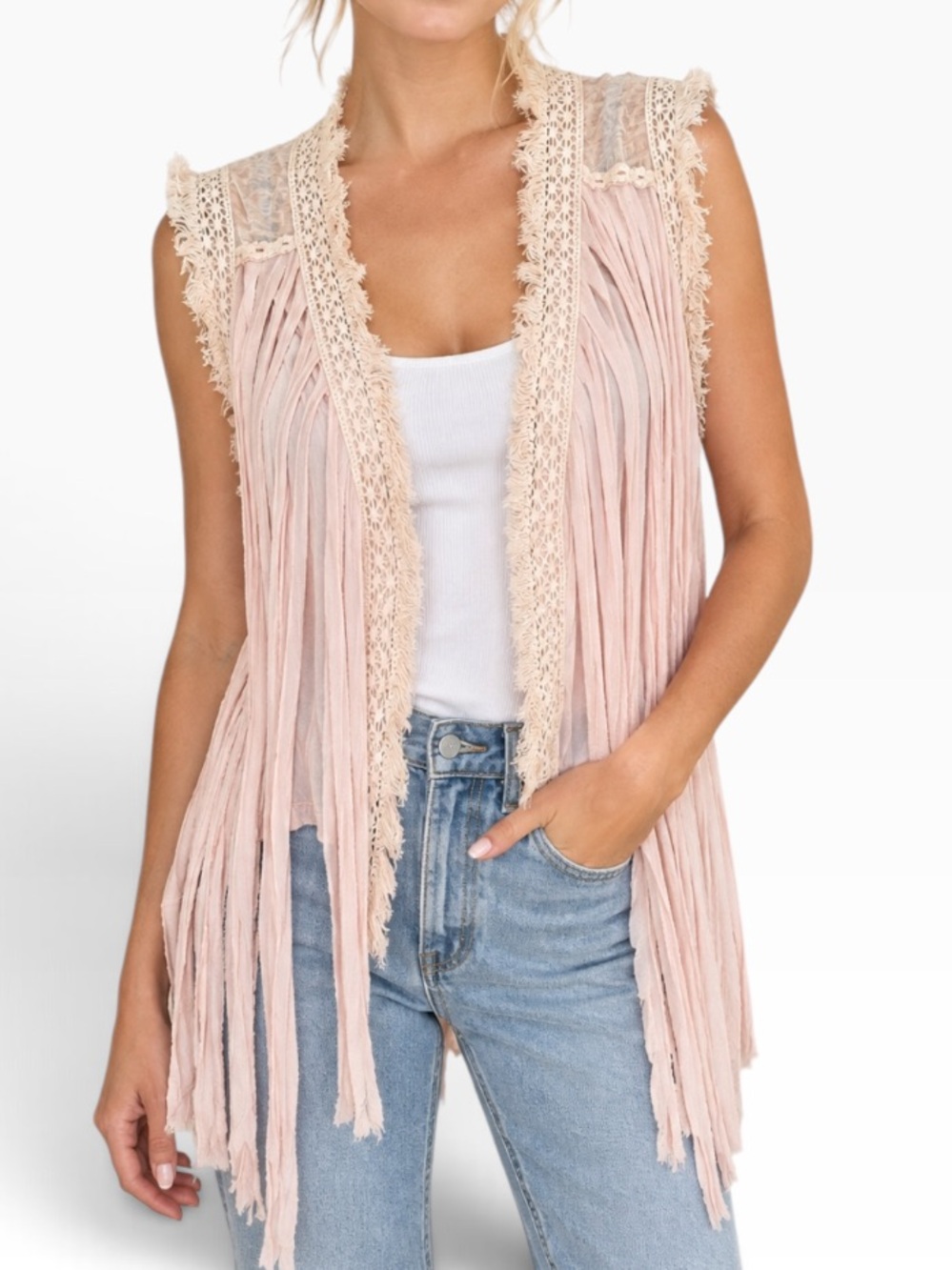 POL Blush Pink Fringed Lace Trim Sleeveless Vest S